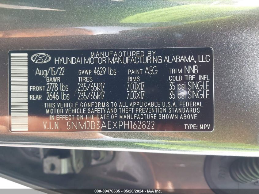 2023 Hyundai Tucson Sel VIN: 5NMJB3AEXPH162822 Lot: 39476535