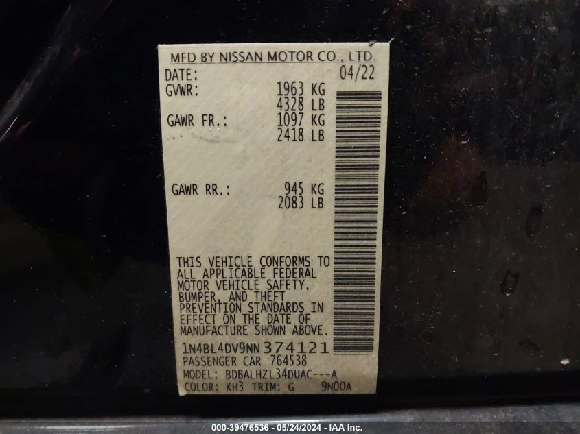 2022 Nissan Altima Sv Fwd VIN: 1N4BL4DV9NN374121 Lot: 39476536