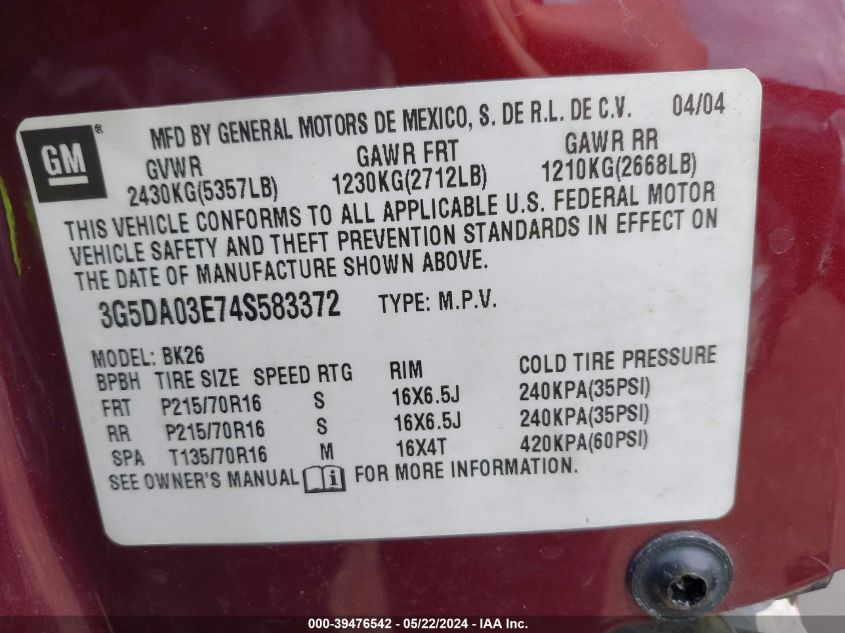 2004 Buick Rendezvous Cx VIN: 3G5DA03E74S583372 Lot: 39476542