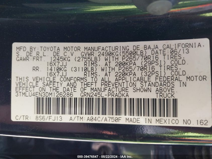 2013 Toyota Tacoma Base V6 VIN: 3TMLU4EN3DM126286 Lot: 39476547