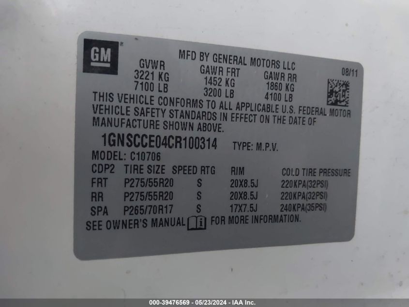 2012 Chevrolet Tahoe Ltz VIN: 1GNSCCE04CR100314 Lot: 39476569