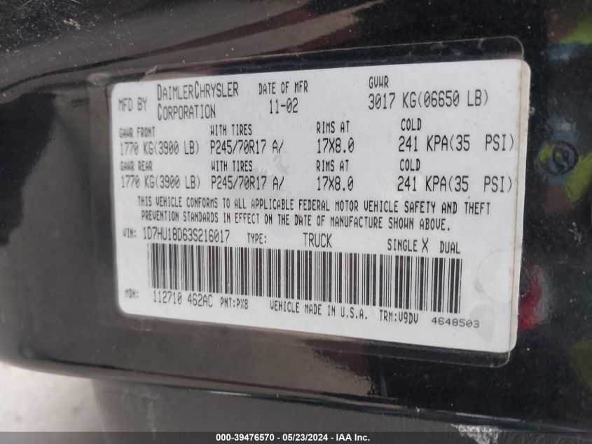 2003 Dodge Ram 1500 Slt/Laramie/St VIN: 1D7HU18D63S216017 Lot: 39476570