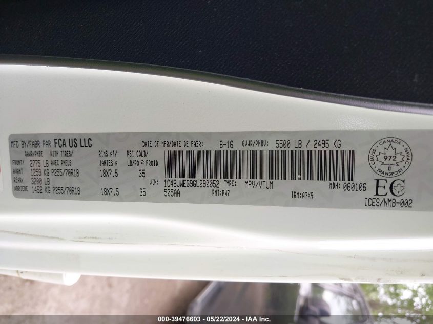 2016 Jeep Wrangler Unlimited Sahara VIN: 1C4BJWEG9GL290052 Lot: 39476603