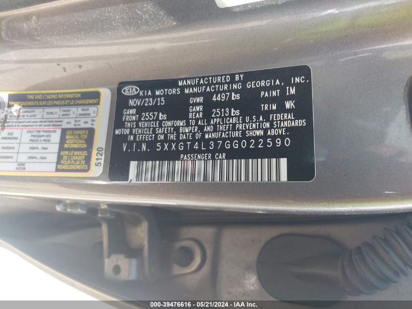 2016 Kia Optima Lx VIN: 5XXGT4L37GG022590 Lot: 39476616