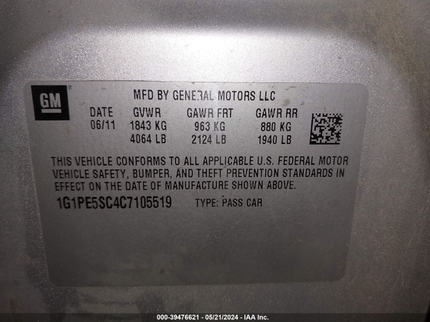 2012 Chevrolet Cruze Lt VIN: 1G1PE5SC4C7105519 Lot: 39476621