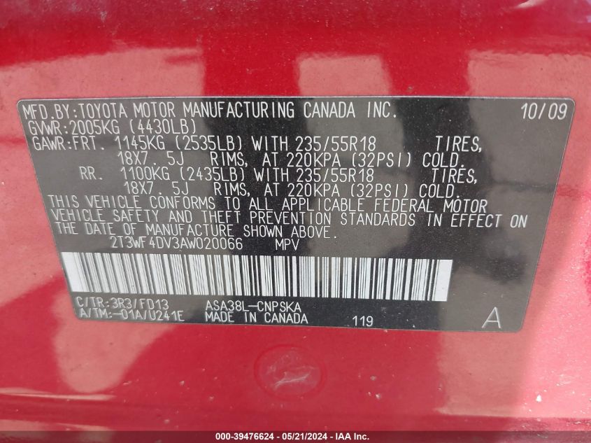 2010 Toyota Rav4 Sport VIN: 2T3WF4DV3AW020066 Lot: 39476624