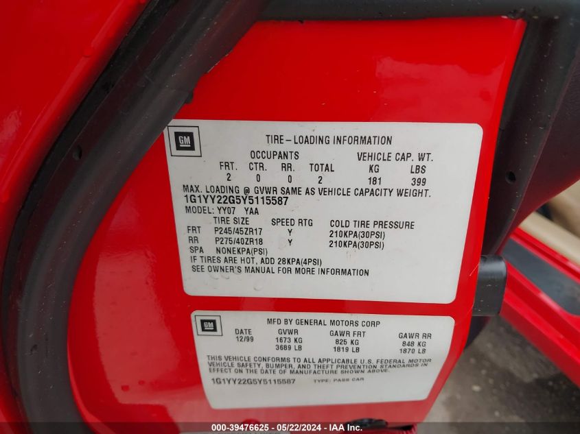 2000 Chevrolet Corvette VIN: 1G1YY22G5Y5115587 Lot: 39476625