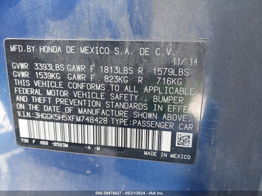 2015 HONDA FIT LX - 3HGGK5H5XFM748428