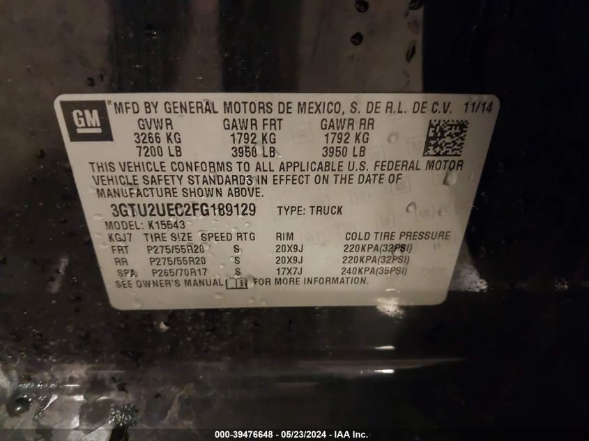 2015 GMC Sierra 1500 Sle VIN: 3GTU2UEC2FG189129 Lot: 39476648