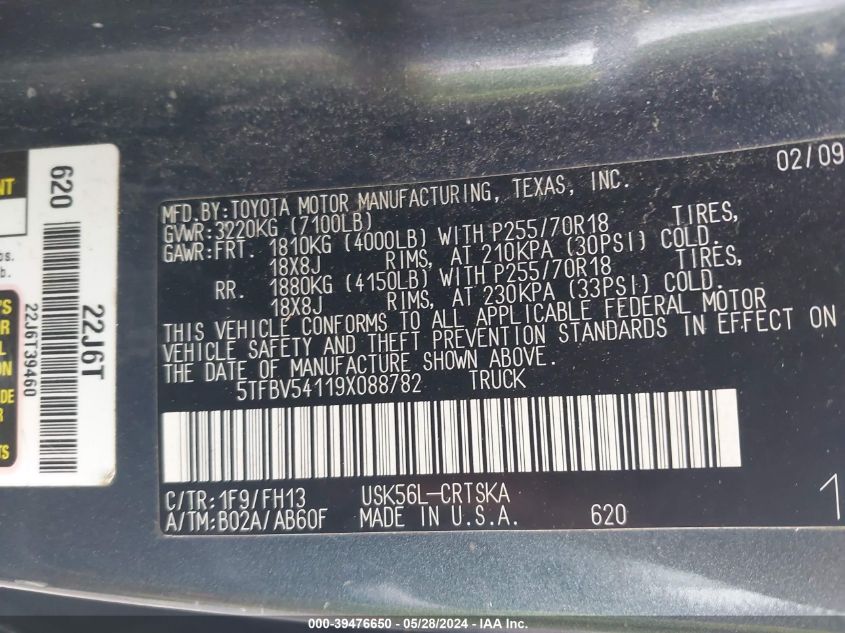 2009 Toyota Tundra Grade 5.7L V8 VIN: 5TFBV54119X088782 Lot: 39476650