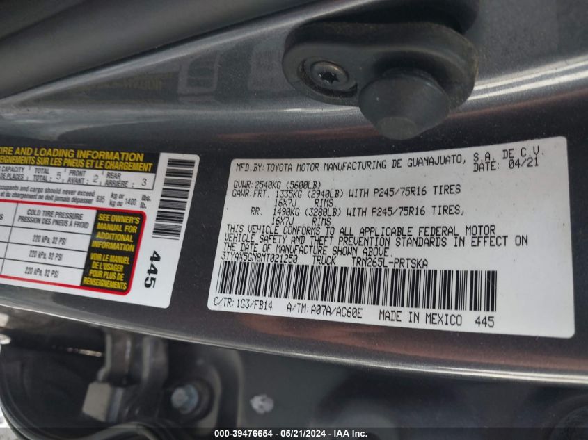 2021 Toyota Tacoma Sr VIN: 3TYAX5GN8MT021250 Lot: 39476654
