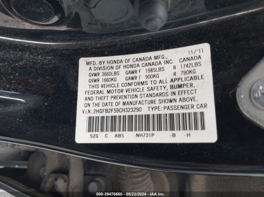 2012 Honda Civic Lx VIN: 2HGFB2F59CH323290 Lot: 39476660