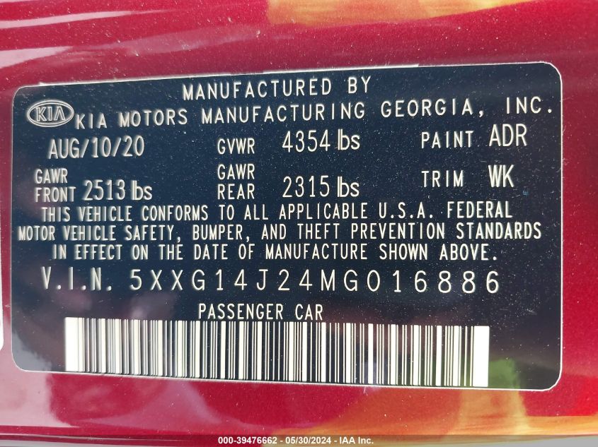 2021 Kia K5 Lxs VIN: 5XXG14J24MG016886 Lot: 39476662