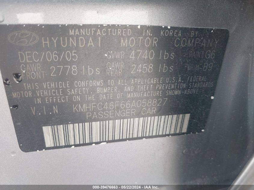 KMHFCU6F66A058827 2006 Hyundai Azera