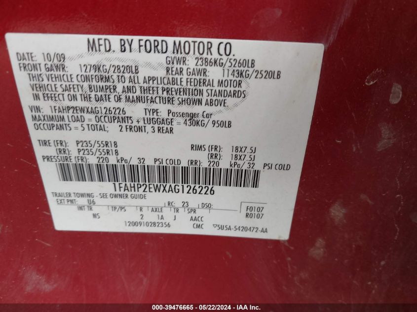 2010 Ford Taurus Sel VIN: 1FAHP2EWXAG126226 Lot: 39476665