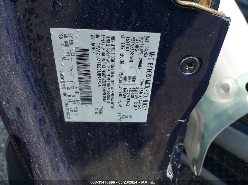 2003 Ford Explorer Sport Trac Xls/Xlt VIN: 1FMZU77E33UB98846 Lot: 39476666