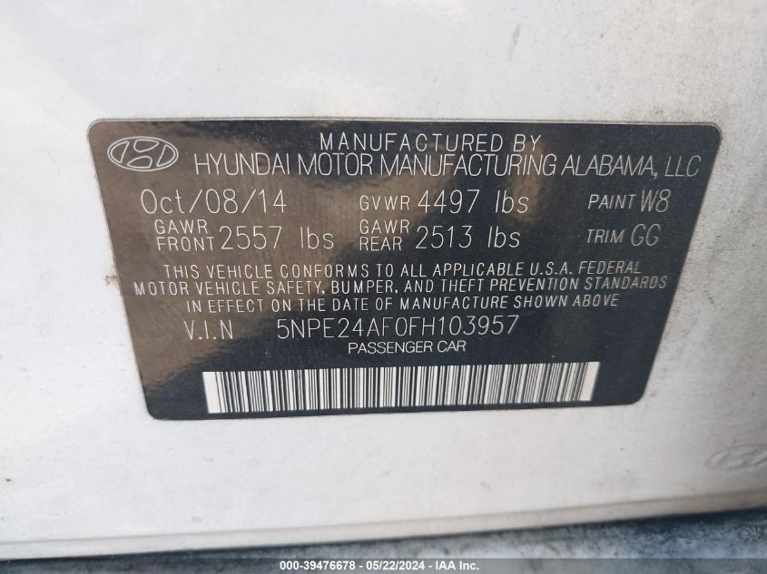 2015 Hyundai Sonata Se VIN: 5NPE24AF0FH103957 Lot: 39476678