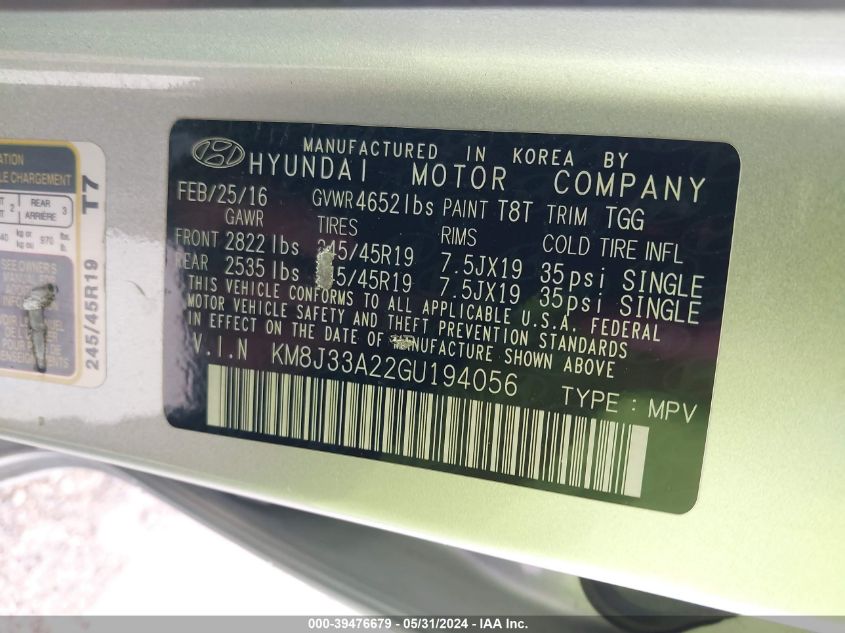 2016 Hyundai Tucson Sport VIN: KM8J33A22GU194056 Lot: 39476679