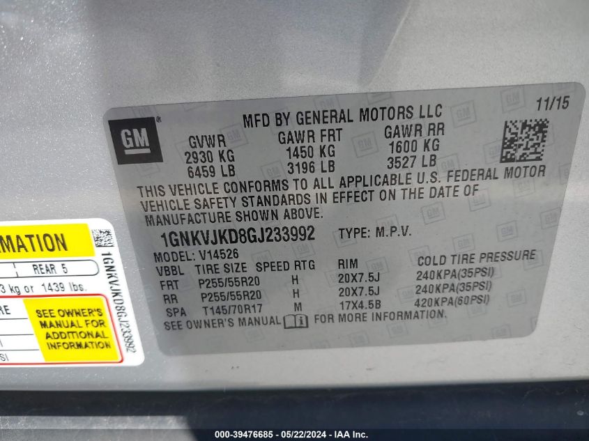 2016 Chevrolet Traverse Ltz VIN: 1GNKVJKD8GJ233992 Lot: 39476685