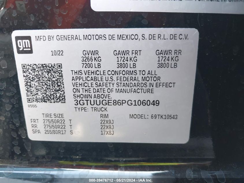 2023 GMC Sierra 1500 Denali VIN: 3GTUUGE86PG106049 Lot: 39476712