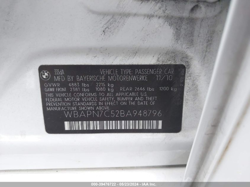 2011 BMW 335D VIN: WBAPN7C52BA948796 Lot: 39476722