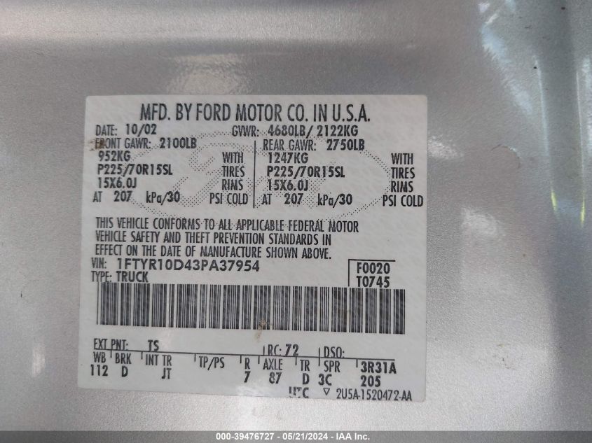 2003 Ford Ranger Xl/Xlt VIN: 1FTYR10D43PA37954 Lot: 39476727