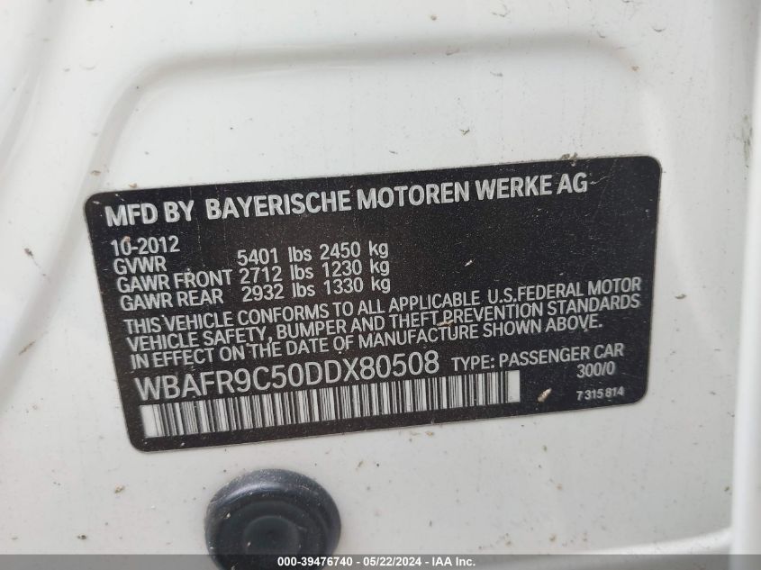 2013 BMW 550I VIN: WBAFR9C50DDX80508 Lot: 39476740