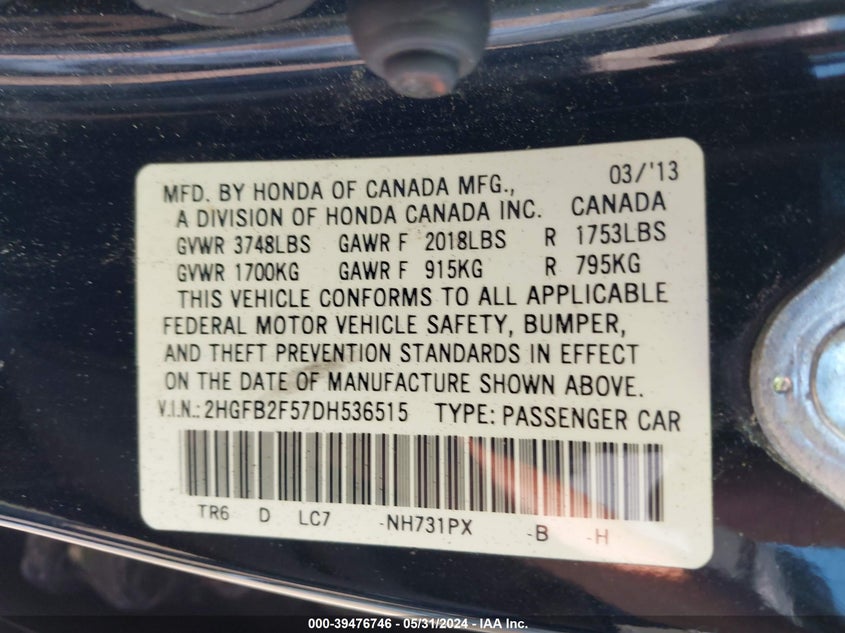 2013 Honda Civic Lx VIN: 2HGFB2F57DH536515 Lot: 39476746