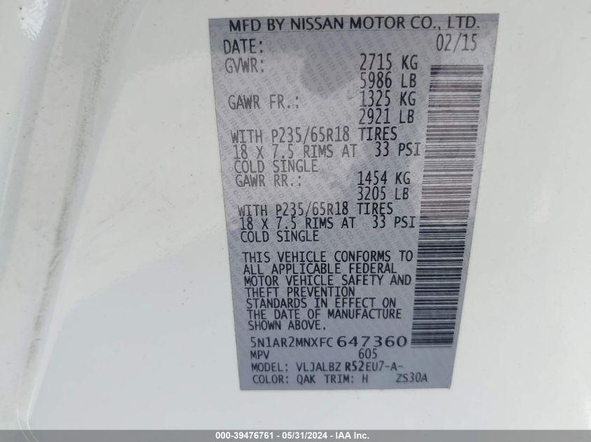 2015 Nissan Pathfinder S VIN: 5N1AR2MNXFC647360 Lot: 39476761