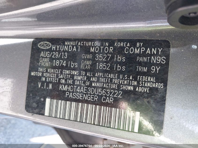 2013 Hyundai Accent Gls VIN: KMHCT4AE3DU563222 Lot: 39476764