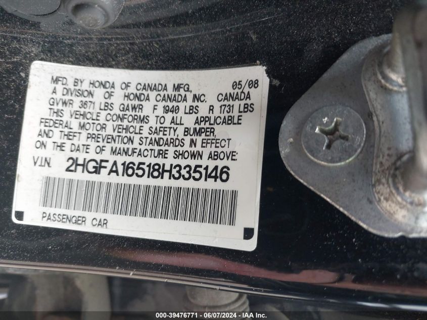 2008 Honda Civic Lx VIN: 2HGFA16518H335146 Lot: 39476771