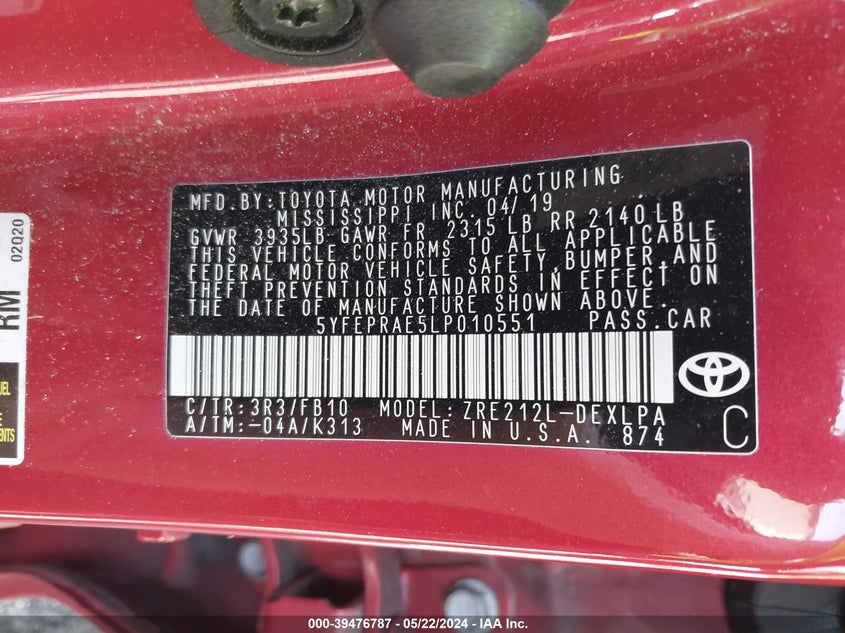 2020 TOYOTA COROLLA LE - 5YFEPRAE5LP010551