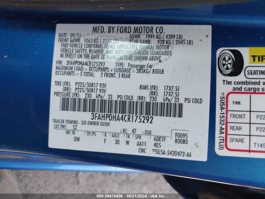 2012 Ford Fusion Se VIN: 3FAHP0HA4CR175292 Lot: 39476806