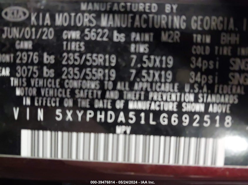 2020 Kia Sorento 3.3L Ex VIN: 5XYPHDA51LG692518 Lot: 39476814