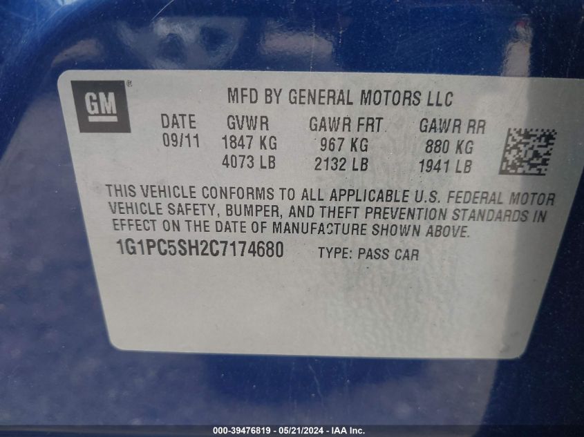 2012 Chevrolet Cruze Ls VIN: 1G1PC5SH2C7174680 Lot: 39476819