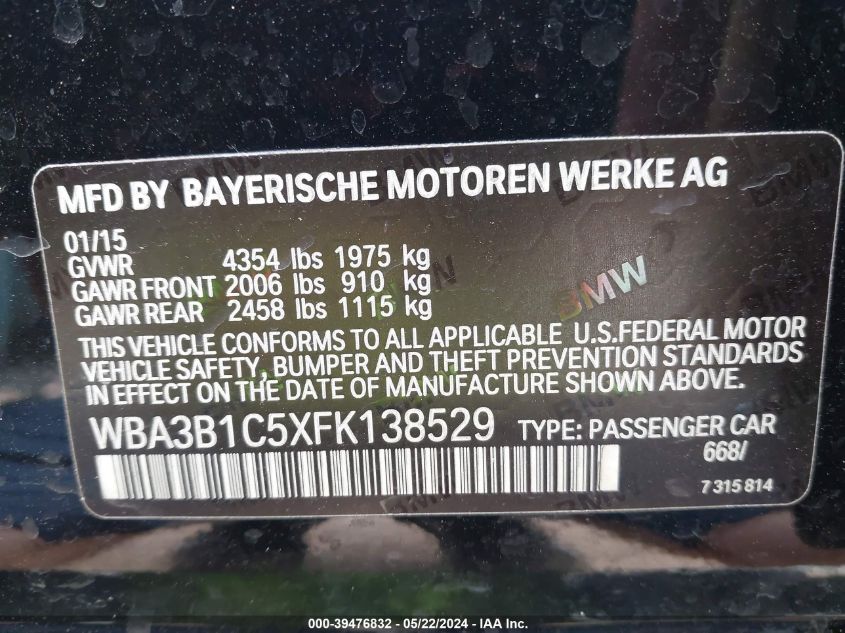 2015 BMW 320I VIN: WBA3B1C5XFK138529 Lot: 39476832