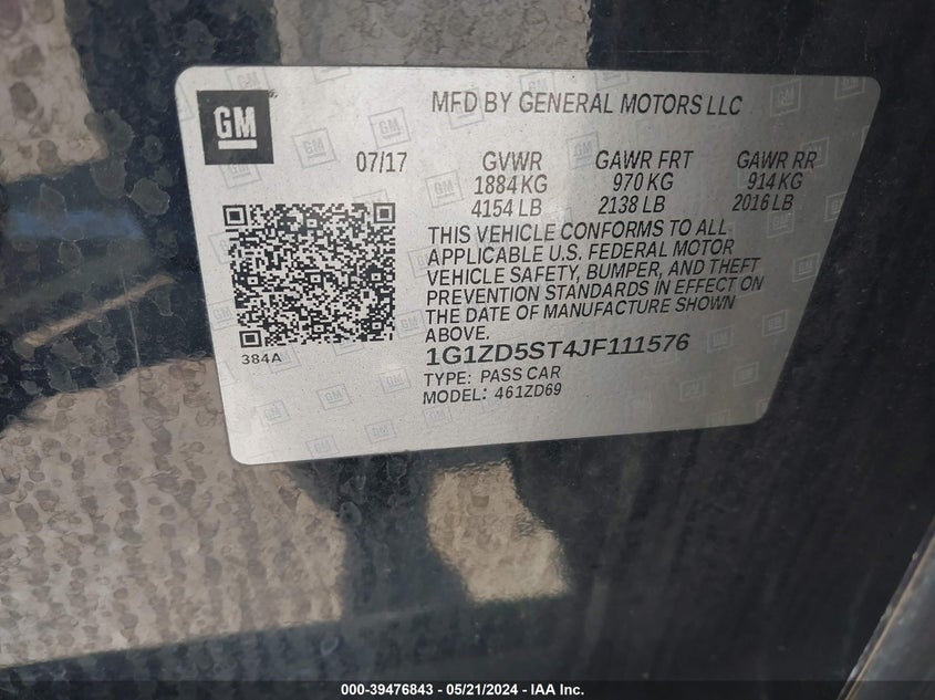 2018 Chevrolet Malibu Lt VIN: 1G1ZD5ST4JF111576 Lot: 39476843