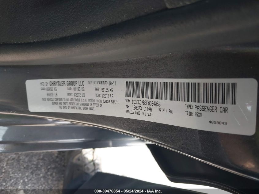 2015 Chrysler 200 Limited VIN: 1C3CCCAB3FN564053 Lot: 39476854