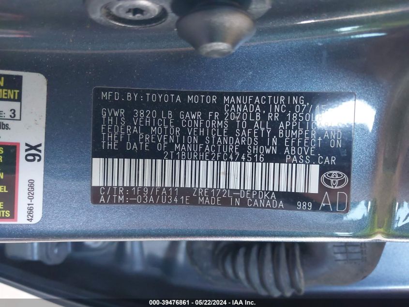 2015 Toyota Corolla L VIN: 2T1BURHE2FC474516 Lot: 39476861