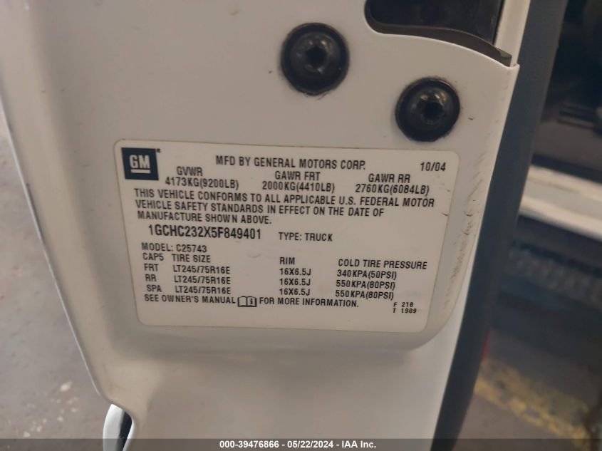 2005 Chevrolet Silverado 2500Hd Ls VIN: 1GCHC232X5F849401 Lot: 39476866