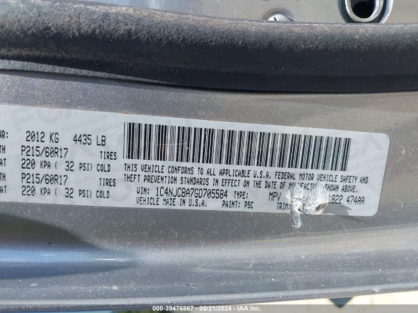 2016 Jeep Compass Sport VIN: 1C4NJCBA7GD705584 Lot: 39476867