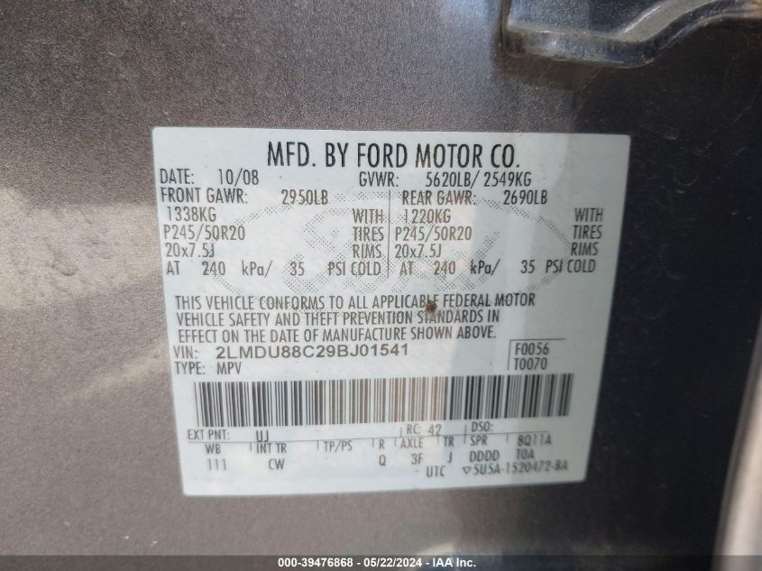 2009 Lincoln Mkx VIN: 2LMDU88C29BJ01541 Lot: 39476868