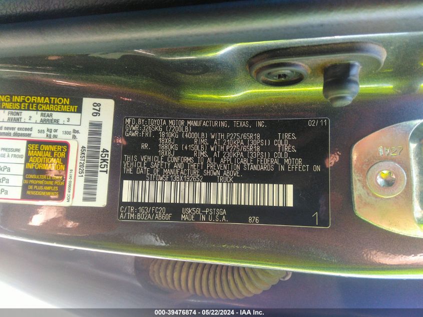 2011 Toyota Tundra Grade 5.7L V8 VIN: 5TFDW5F13BX192652 Lot: 39476874