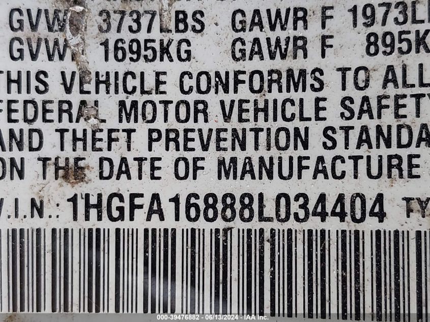 2008 Honda Civic Ex VIN: 1HGFA16888L034404 Lot: 39476882