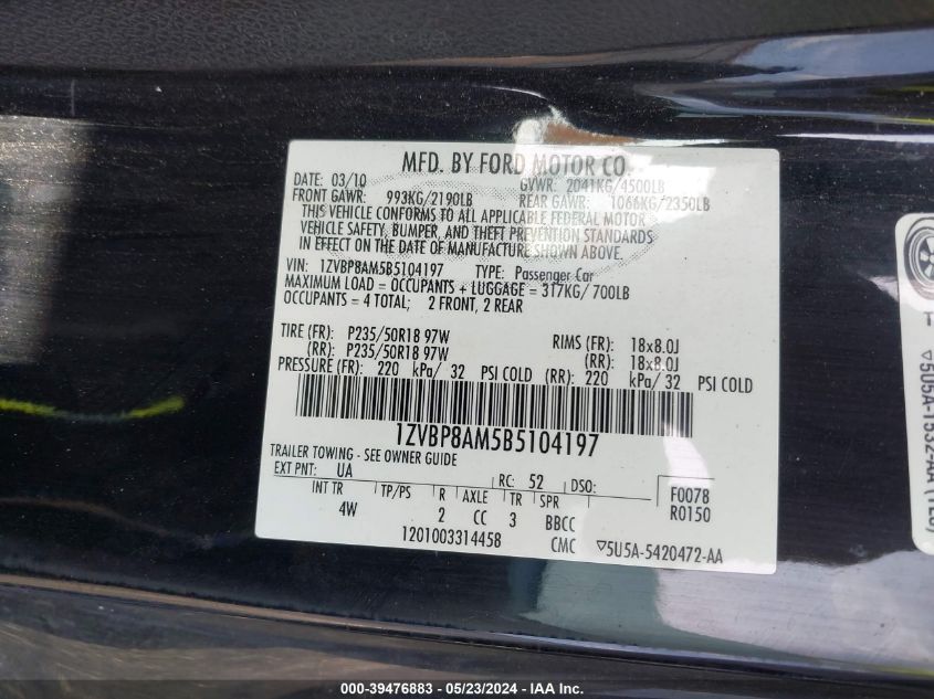 2011 Ford Mustang V6 Premium VIN: 1ZVBP8AM5B5104197 Lot: 39476883