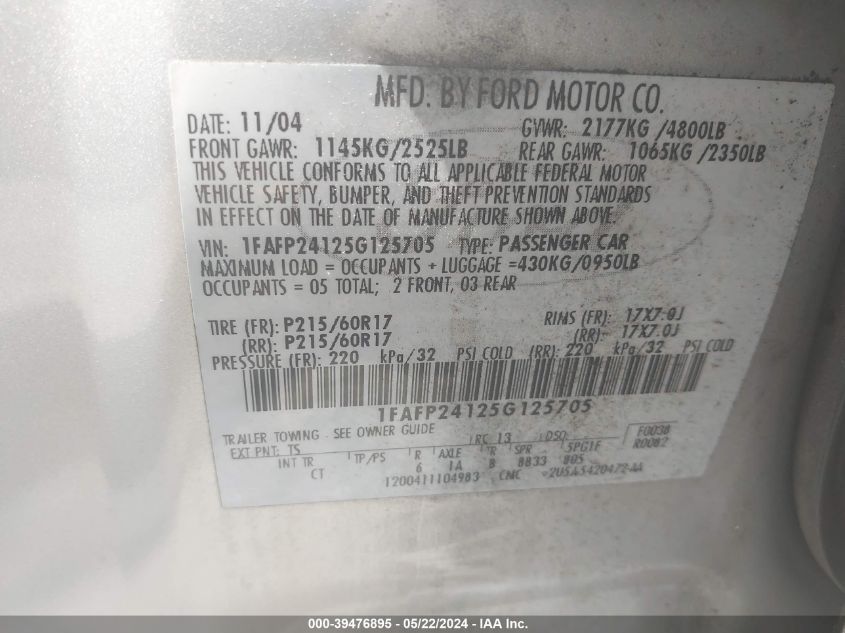 2005 Ford Five Hundred Sel VIN: 1FAFP24125G125705 Lot: 39476895