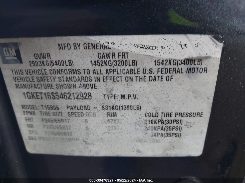 2004 GMC Envoy Xl Sle VIN: 1GKET16S546212928 Lot: 39476927