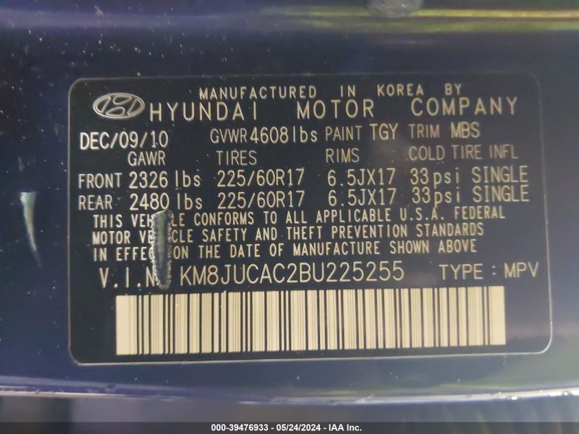2011 Hyundai Tucson Gls VIN: KM8JUCAC2BU225255 Lot: 39476933