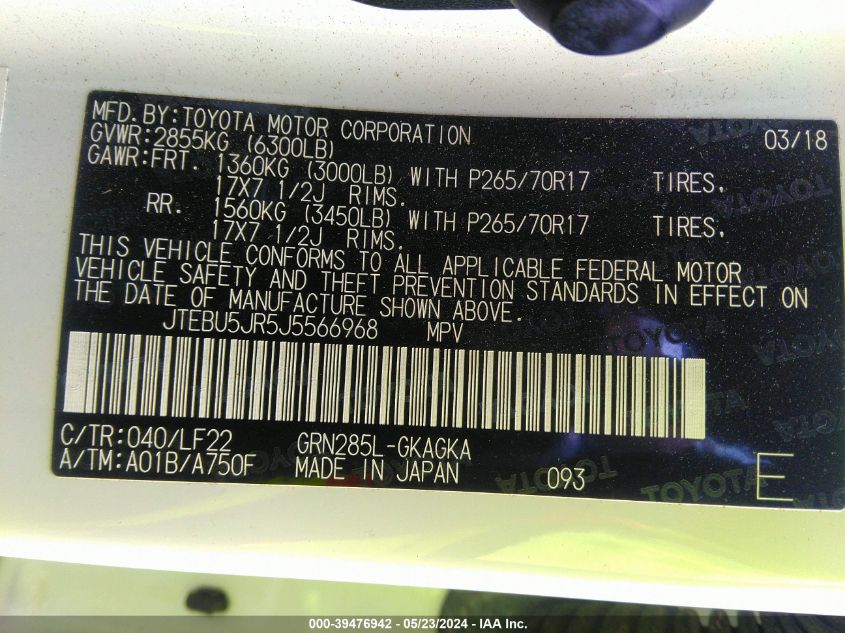 2018 TOYOTA 4RUNNER TRD PRO - JTEBU5JR5J5566968