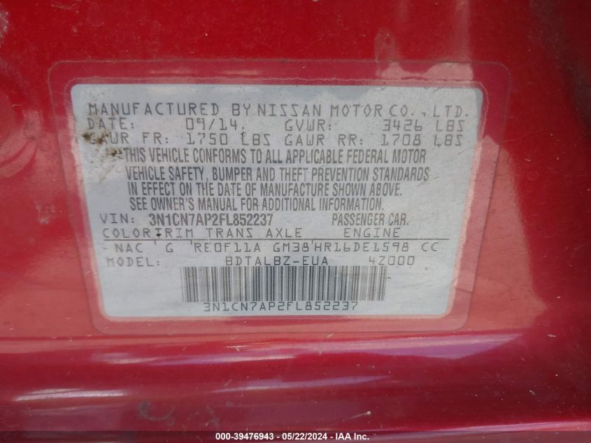 2015 NISSAN VERSA 1.6 SV - 3N1CN7AP2FL852237